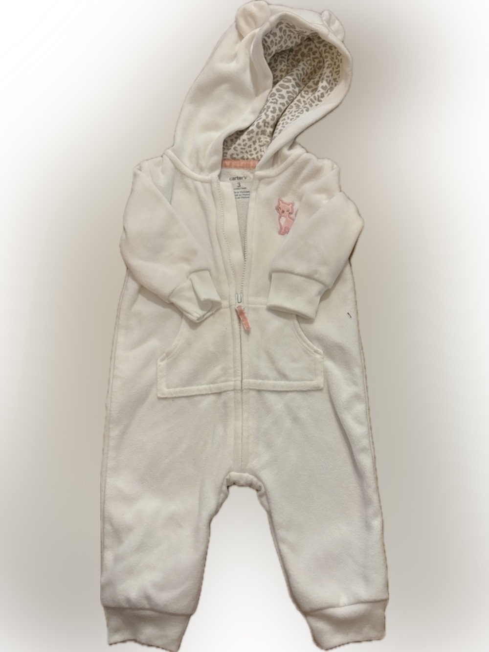 Carter's White Hooded Baby Footie with Pink Kitty Accent